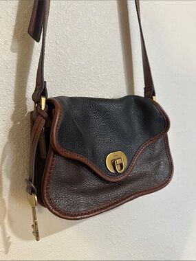 Fossil Black and Dark Brown Leather Crossbody with Gold Turn-Lock